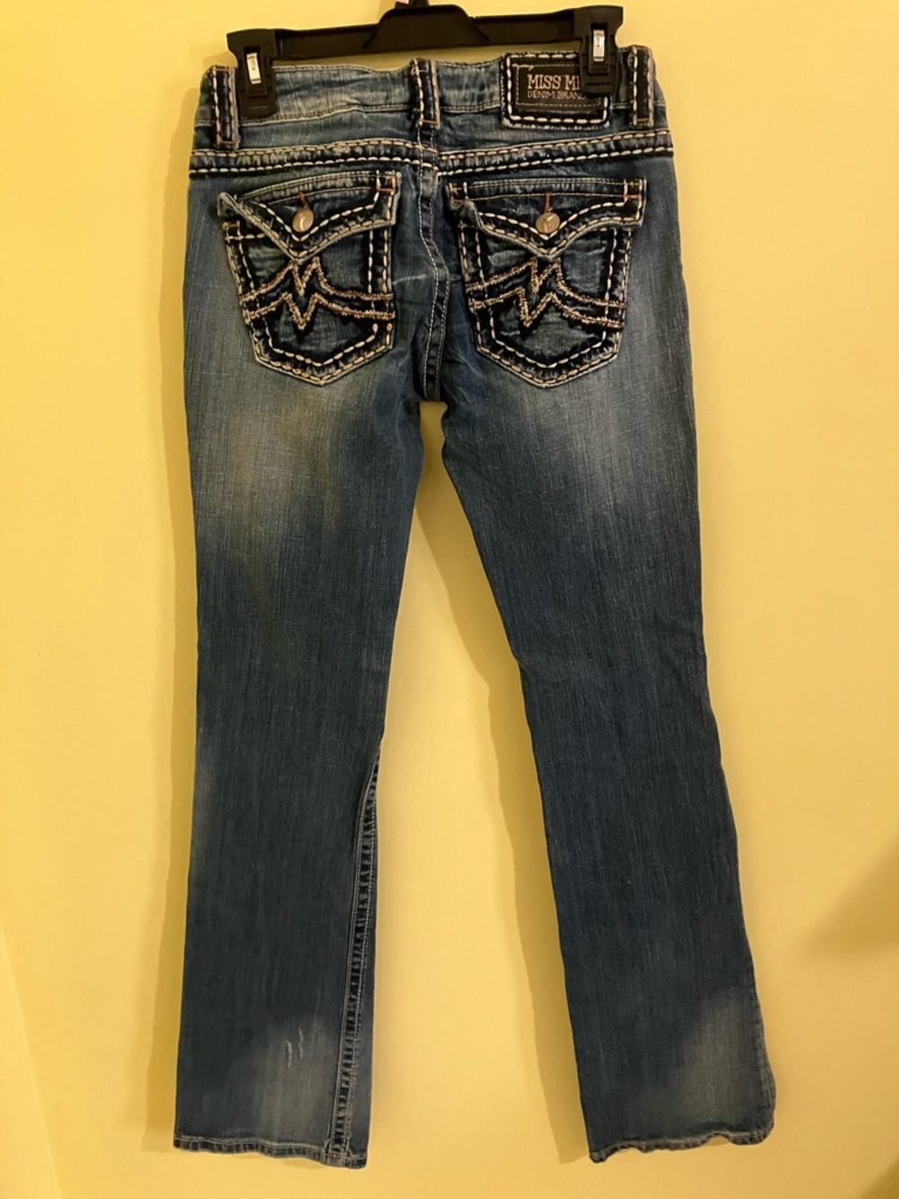Miss Me Y2K Irene low rise boot bootcut jeans sz 28 heavy stitching embellished
